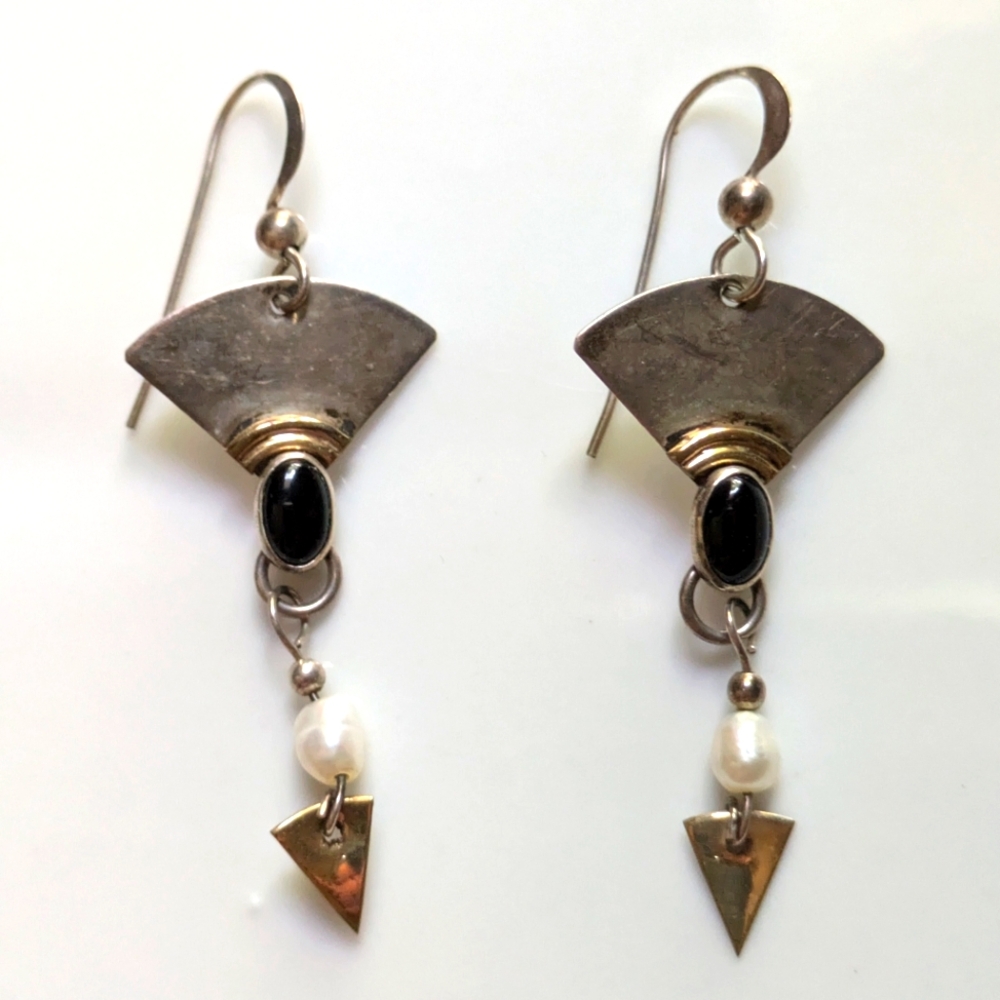 Sterling Silver & Gold Filled With Onyx & Mother Of Pearl.  Vintage.